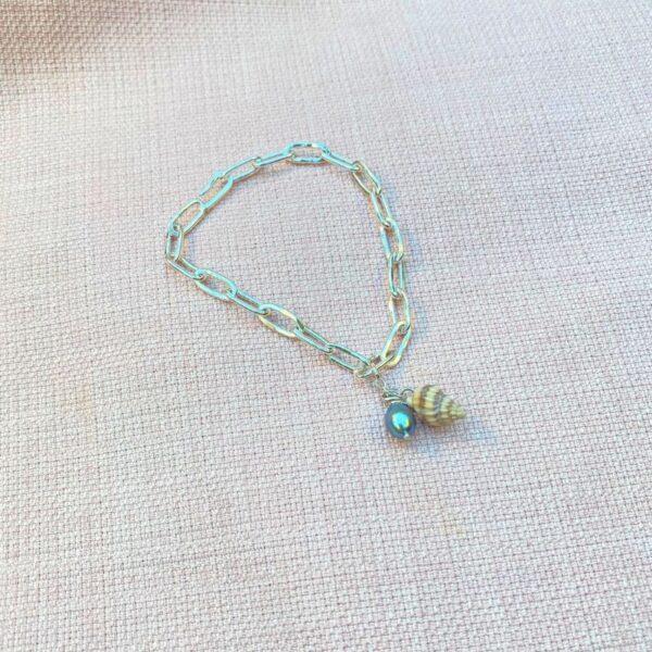 sommercharm, armbånd, sølv, ferskvandsperle, sneglehus