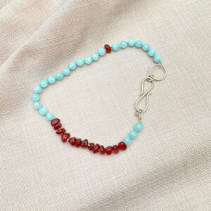 halskæde, akvamariner, rav, sølvlås